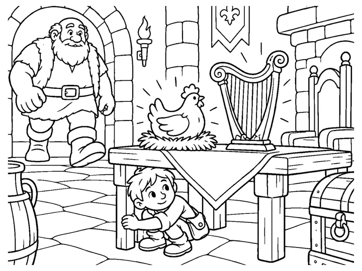 Jack hiding near a castle table with a golden hen and golden harp while the giant stands in the background; the scene is non-graphic and safe., printable black-and-white coloring page