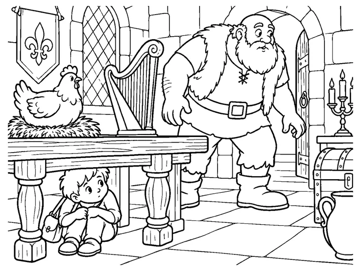 The giant entering the castle while Jack hides behind a broad table near the golden hen and harp; no threat is shown graphically., printable black-and-white coloring page
