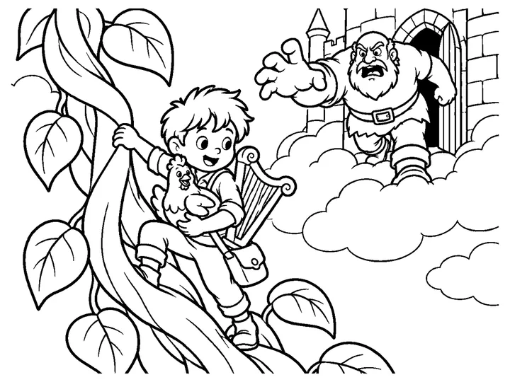 Jack carrying the golden hen and harp while climbing down the beanstalk; the giant reaches the top behind him in a non-graphic chase., printable black-and-white coloring page
