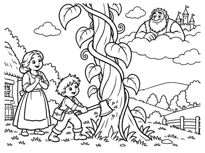 Jack safely on the ground cutting the lower beanstalk while the giant remains far above in the clouds; no fall or injury is shown., printable black-and-white coloring page