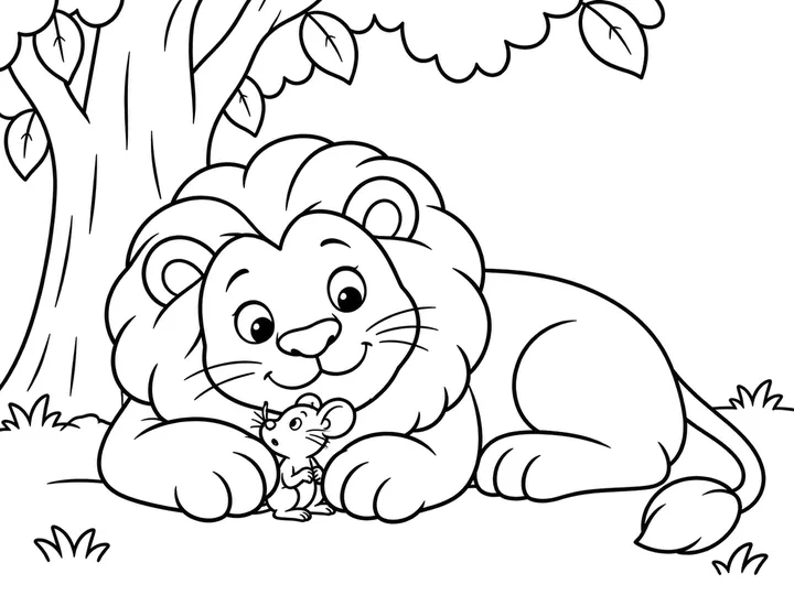 Roar awake and gently catching Pip between his large front paws, with Pip safe and unharmed in the woodland clearing., printable black-and-white coloring page