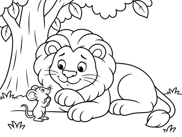 Pip standing safely before Roar with both tiny paws raised in a clear pleading gesture while the lion listens thoughtfully., printable black-and-white coloring page