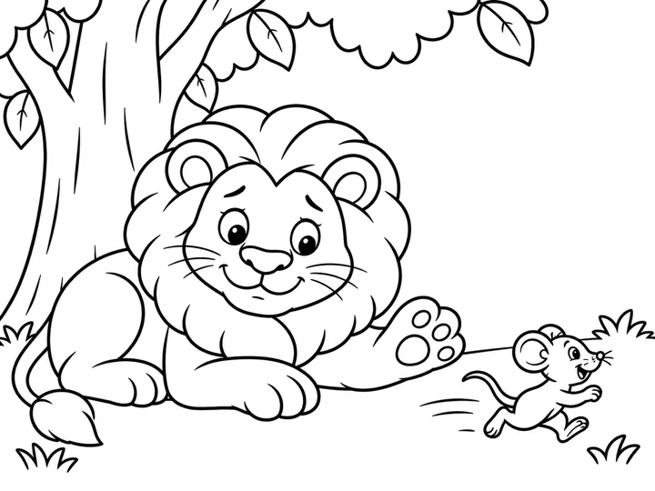 Roar moving his open paw aside to release Pip as the tiny mouse runs freely across the clearing., printable black-and-white coloring page