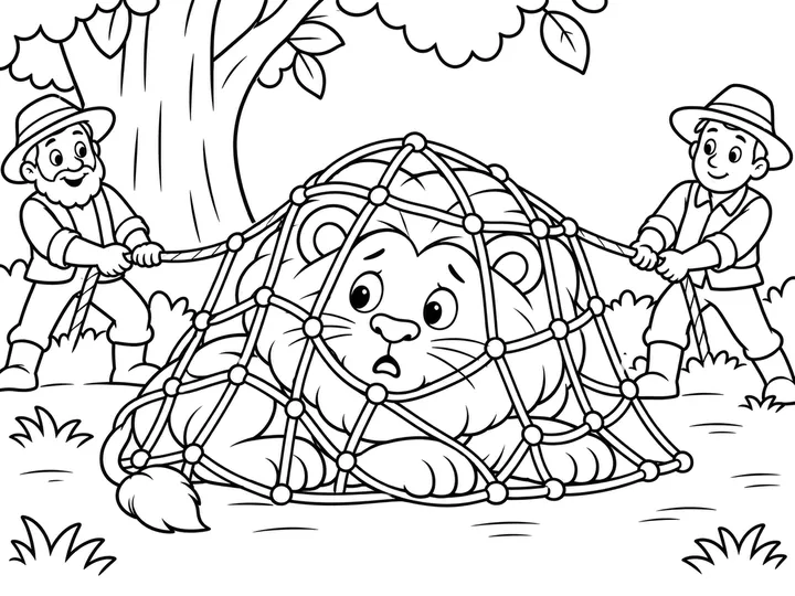 Roar held safely in a large simple rope net while two distant, unarmed hunters hold the net edges; Pip is not present yet., printable black-and-white coloring page