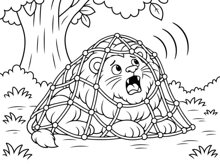 Roar alone inside the same rope net, lifting his head and roaring with a few simple curved sound lines above him., printable black-and-white coloring page