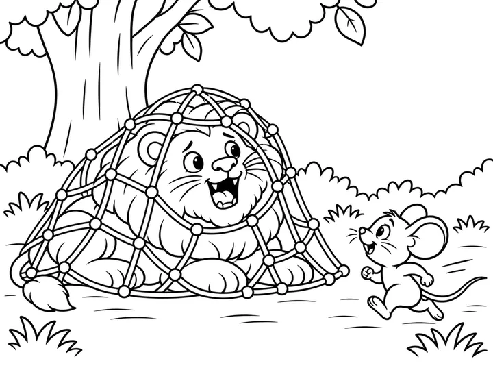 Pip running back toward Roar and the rope net after hearing the lion's call, with the lion looking hopeful; Pip has not started chewing yet., printable black-and-white coloring page
