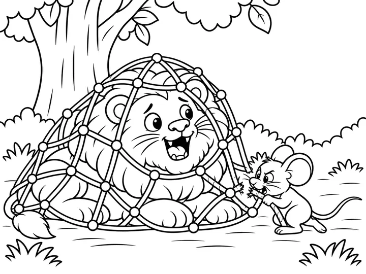 Pip actively gnawing through one thick rope strand beside the trapped lion, with a clean opening in the chewed rope., printable black-and-white coloring page