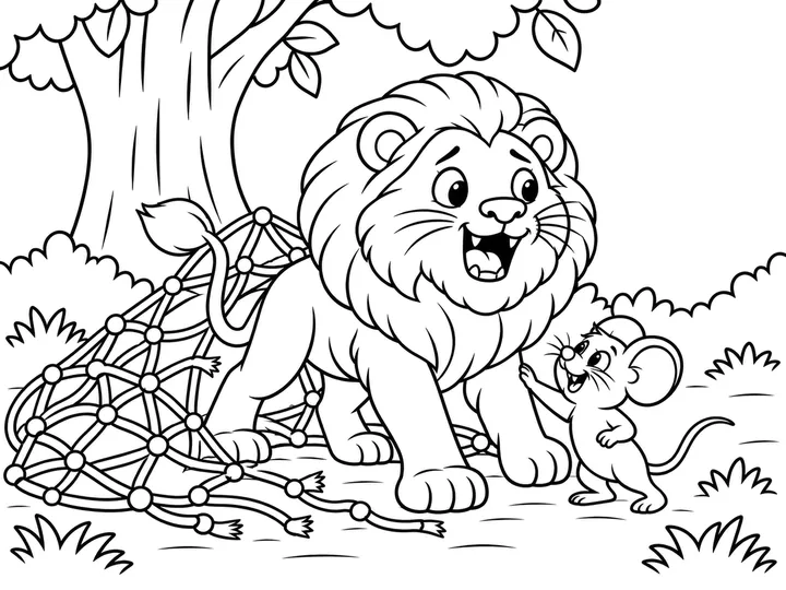 Roar stepping fully out through a large open section of the loose net while Pip stands proudly beside him in the clearing., printable black-and-white coloring page