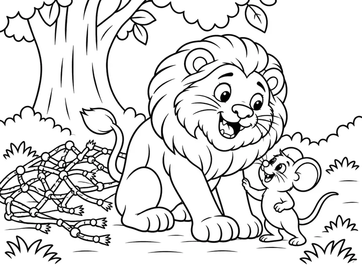 Roar and Pip smiling together after the rescue, with the loose broken rope net resting clearly to one side as a reminder of the mouse's help., printable black-and-white coloring page