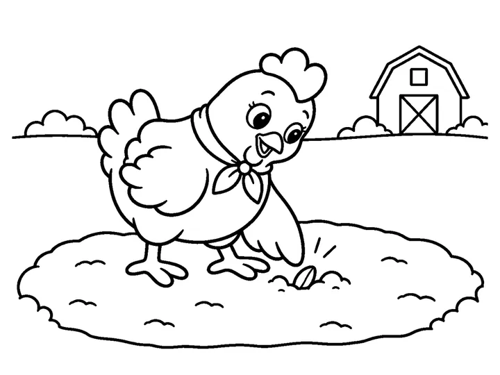 Ruby alone gently presses the single grain into one clear planting hole in the large soil patch; no friend helps and no tall plant has appeared yet., printable black-and-white coloring page