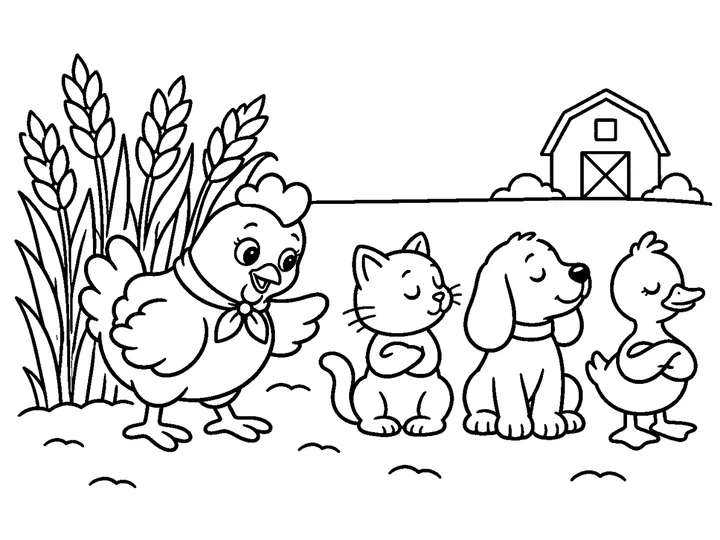 Ruby gestures toward a broad patch of tall ripe wheat while Pip, Moss, and Daisy gently turn aside and refuse to help reap it., printable black-and-white coloring page