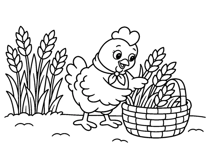 Ruby alone gathers broad ripe wheat stalks into one large rounded basket; the friends are absent because she is doing the harvest herself., printable black-and-white coloring page
