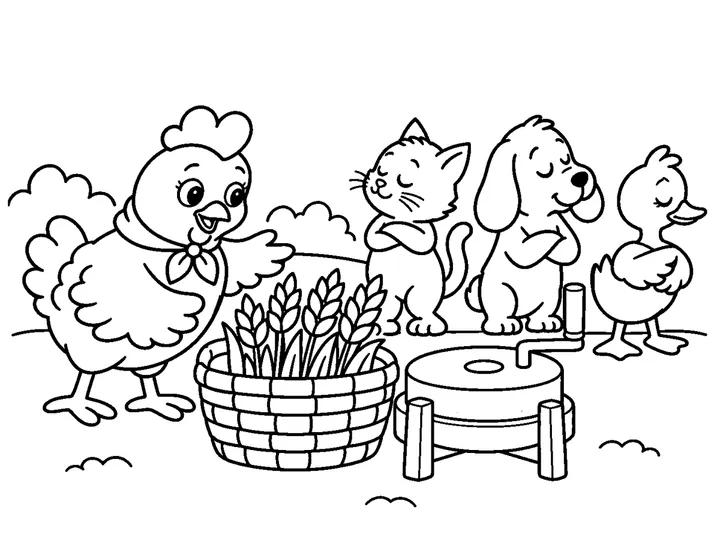 Ruby points from the large wheat basket toward one rounded hand mill while Pip, Moss, and Daisy cross their paws or wings and refuse to carry it., printable black-and-white coloring page