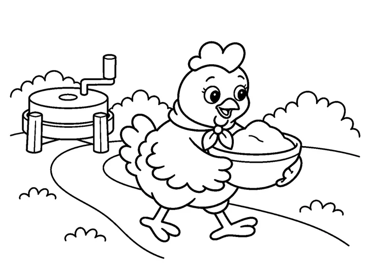 Ruby walks home alone carrying one large bowl of fresh flour, with the fully visible rounded hand mill behind her and no dough or bread yet., printable black-and-white coloring page