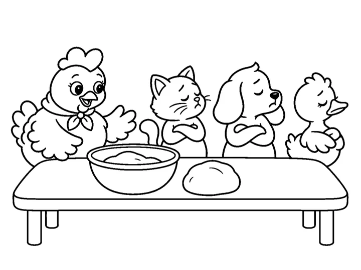 Ruby stands beside one large bowl and one dough ball at a broad table while Pip, Moss, and Daisy cross their paws or wings and refuse to mix or knead., printable black-and-white coloring page