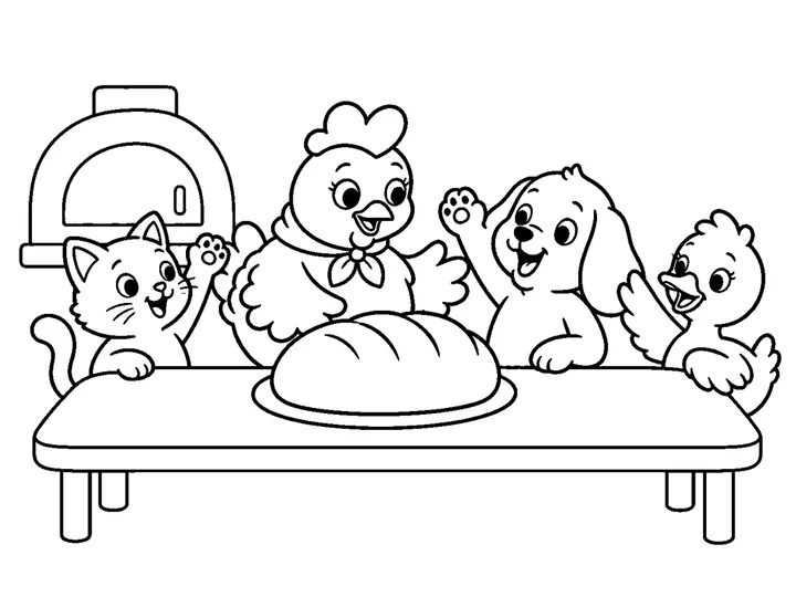 Ruby presents one large finished loaf on a table while Pip, Moss, and Daisy eagerly raise a paw or wing to claim they will eat it; none of them is shown helping with the work., printable black-and-white coloring page