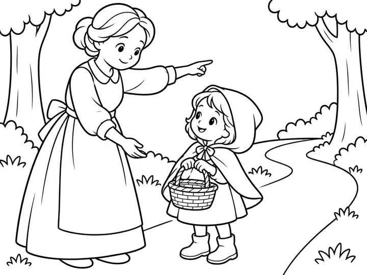 Mother points to one broad forest path while Red listens with the basket at her side. Only Red and Mother are present; there is no wolf or Grandma., printable black-and-white coloring page