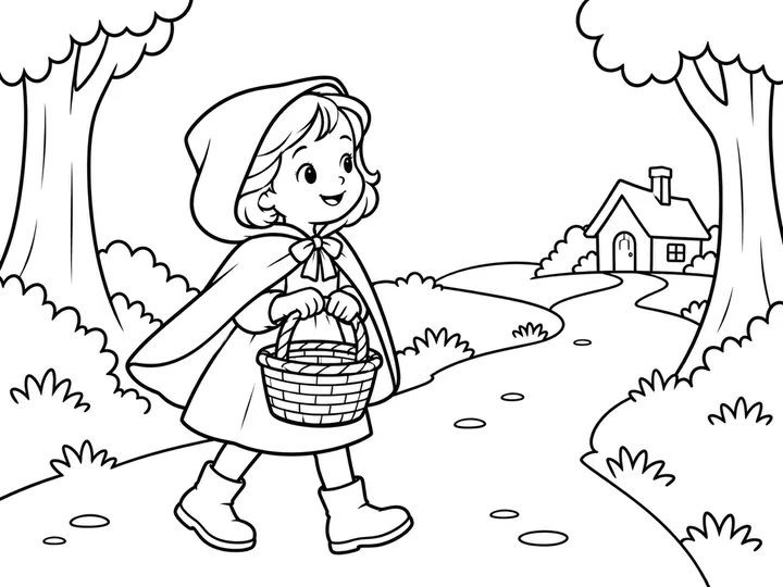 Red walks alone on one broad forest path with her basket between two simple trees. No wolf, Grandma, woodsman, bridge, or picnic is visible., printable black-and-white coloring page