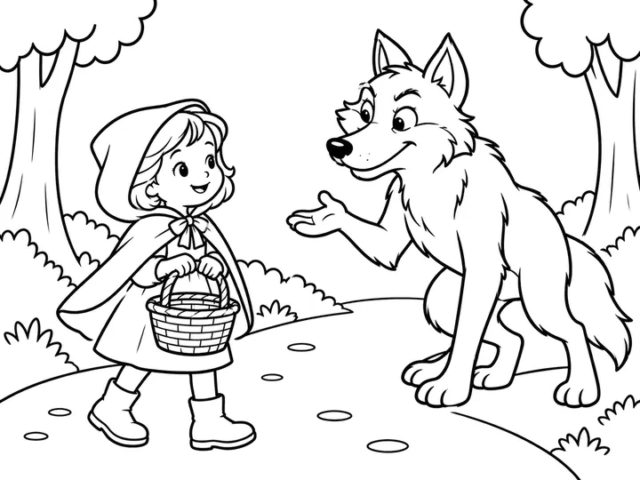 Red and the original gray wolf meet on the broad path. Only Red, the wolf, simple trees, and the path are visible; they stand apart without a chase or attack., printable black-and-white coloring page