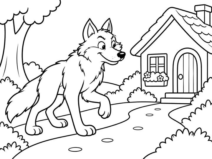 The wolf is ahead on a short side path near Grandma's small cottage, while Red is distant or out of frame on the main path. No bridge is visible., printable black-and-white coloring page