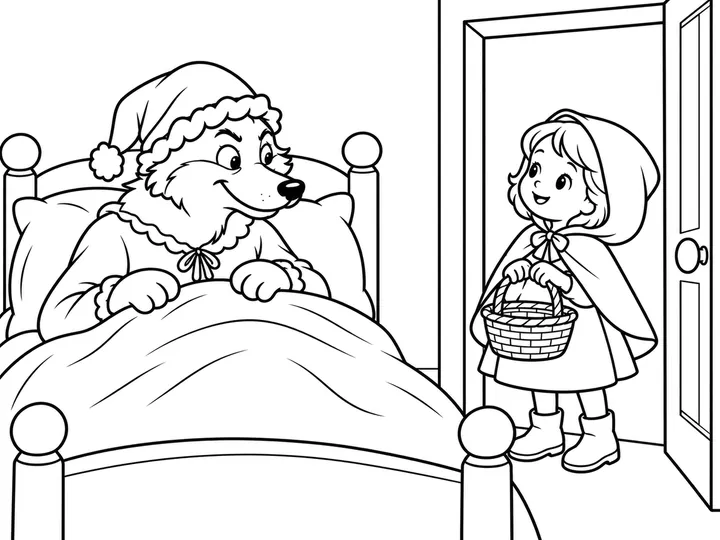 At the cottage bedroom, the wolf wears Grandma's nightcap and bedclothes and tries to fool Red at the doorway. Grandma is safe and off-screen; nothing graphic is shown., printable black-and-white coloring page