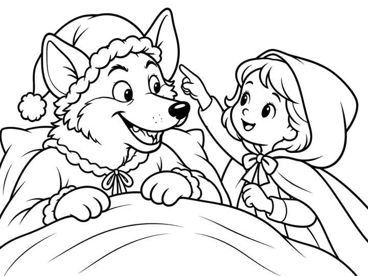 A close, readable cottage scene shows only Red and the wolf in Grandma's bedclothes. Red points to the wolf's large ears, eyes, and non-graphic teeth; no bridge or extra character is visible., printable black-and-white coloring page