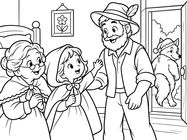 Red calls toward the open cottage door as the woodsman arrives. Grandma stands safely nearby, and the wolf turns toward the exit; there is no fight, weapon, blood, or injury., printable black-and-white coloring page