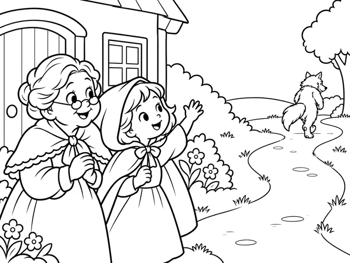 Red and Grandma stand together outside the cottage while the wolf is far away on the path, walking or running away from them. The wolf is not beside them as a friend., printable black-and-white coloring page