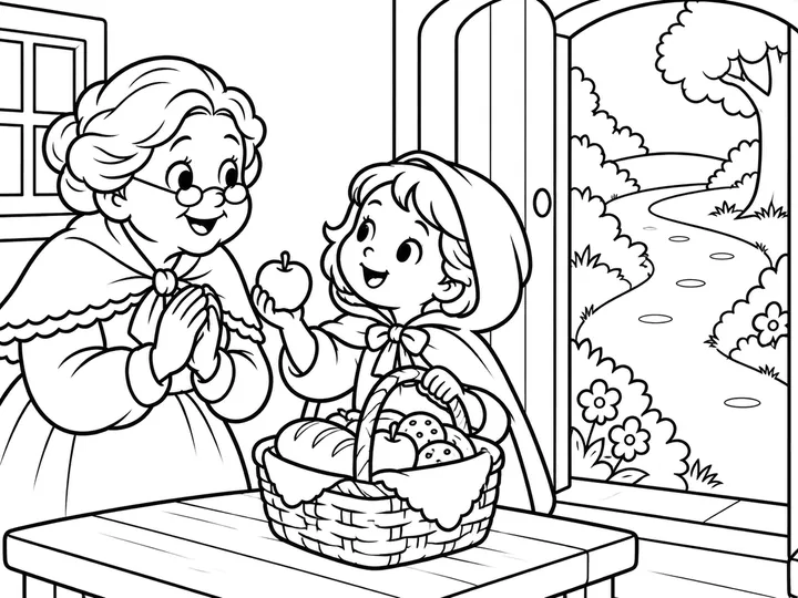 Red shares the basket with Grandma at the cottage, with the safe path visible outside as a reminder. Only Red and Grandma are present; no wolf appears in the final picture., printable black-and-white coloring page