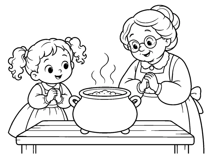 The child beside the magic pot as it gently begins cooking a small amount of porridge on a safe cool surface., printable black-and-white coloring page