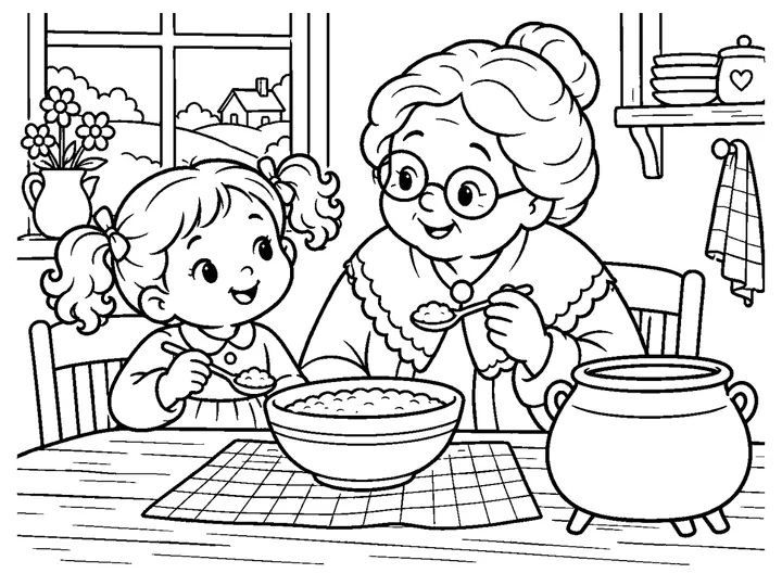 The child and mother sharing one warm bowl of porridge beside the magic pot, which has stopped cooking safely., printable black-and-white coloring page
