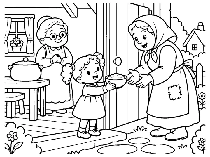 The child handing a warm bowl of porridge to a hungry neighbor at the cottage door while the quiet magic pot rests inside., printable black-and-white coloring page