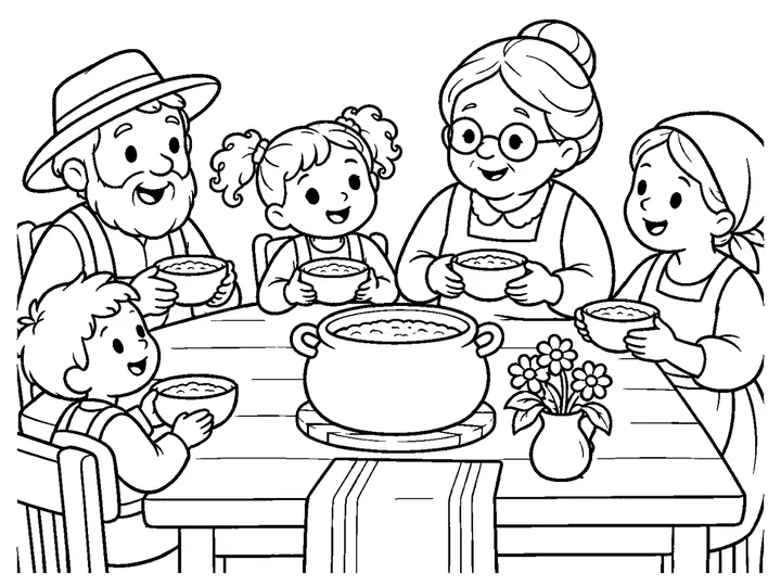 The child, mother, and two neighbors sharing small bowls around a table while the magic pot rests and stays quiet., printable black-and-white coloring page