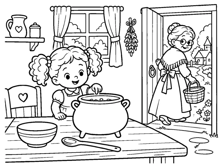 The mother stepping out through the cottage door with a basket while the child starts the magic pot on a safe cool surface inside., printable black-and-white coloring page