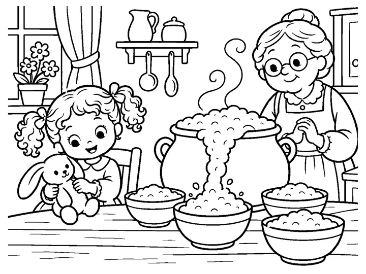 The child distracted by a toy while the magic pot continues filling a growing pile of porridge bowls; the stopping words are not shown as text., printable black-and-white coloring page