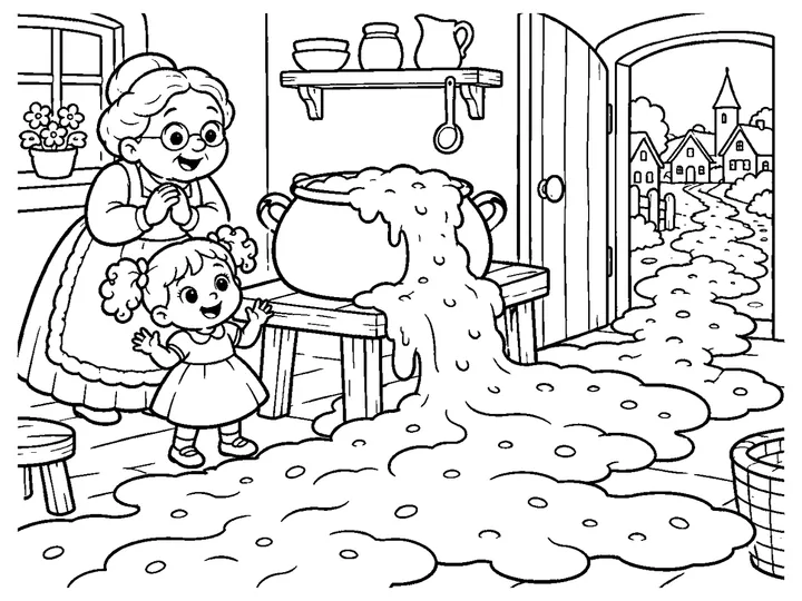 A gentle, non-hot wave of porridge overflowing from the magic pot across the cottage kitchen floor and toward the open door., printable black-and-white coloring page
