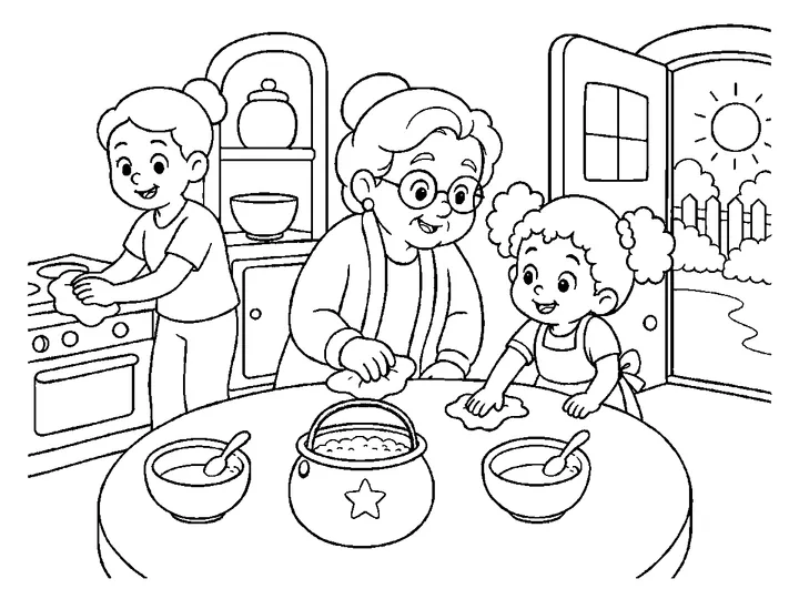The mother returning to the porch and saying the stopping words while the overflowing porridge settles around the quiet magic pot., printable black-and-white coloring page