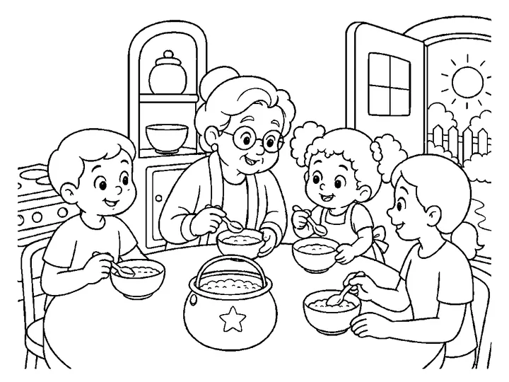 The child, mother, and neighbors cleaning the cottage path and kitchen together while the quiet magic pot rests on its shelf., printable black-and-white coloring page