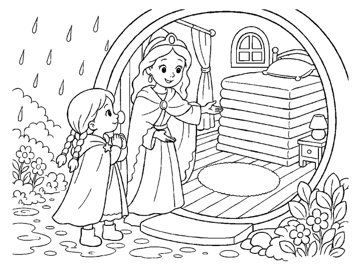 The queen and prince looking thoughtfully into a guest bedroom while the visitor waits safely in the hall., printable black-and-white coloring page