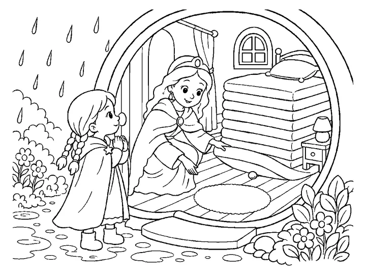 The queen placing one clearly visible tiny pea on the bed frame before the mattresses are stacked above it; no text., printable black-and-white coloring page