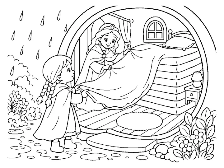 A tall neat stack of many mattresses and blankets on the bed, with the tiny pea hidden underneath and the queen nearby., printable black-and-white coloring page