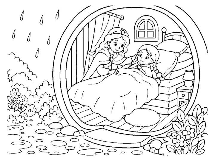 The young visitor lying under blankets on the tall stack of mattresses while the queen quietly watches from the doorway., printable black-and-white coloring page