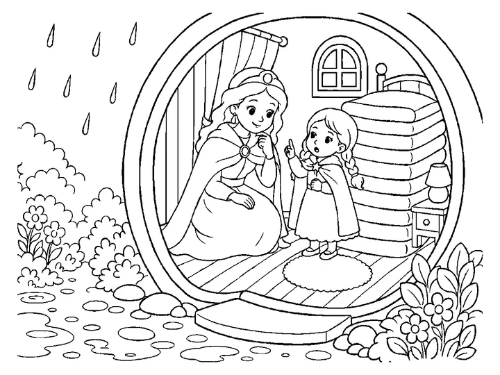 Morning light in the bedroom; the tired visitor sits up on the tall mattress stack while the queen asks about the night., printable black-and-white coloring page