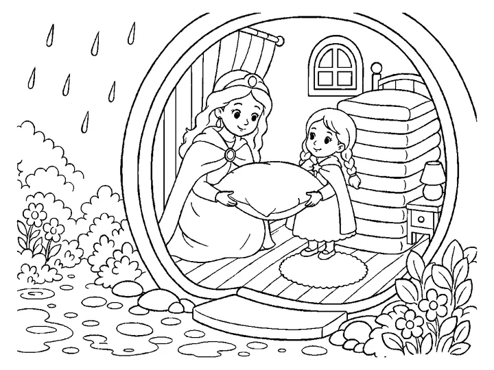 The visitor pointing to the tall bed and explaining that one tiny pea made the night uncomfortable; the queen listens carefully., printable black-and-white coloring page