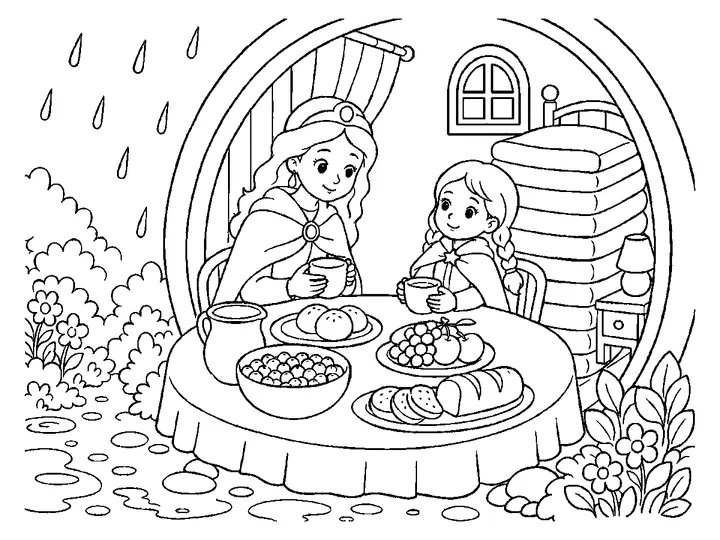 The queen showing the tiny pea in her hand to the visitor and prince beside the bed, while the tall mattresses remain visible., printable black-and-white coloring page