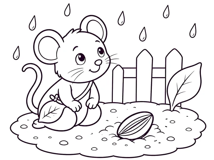 Pip watching rain fall on a sunflower seed patch, printable coloring page
