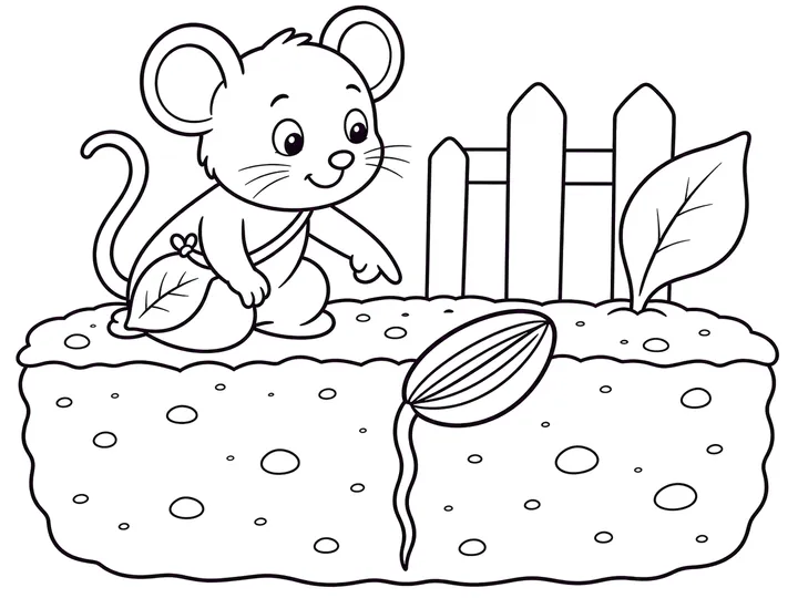 Pip observing a sunflower root growing down through soil, printable coloring page