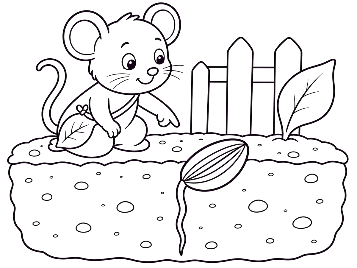 Pip observing a sunflower root growing down through soil, printable coloring page