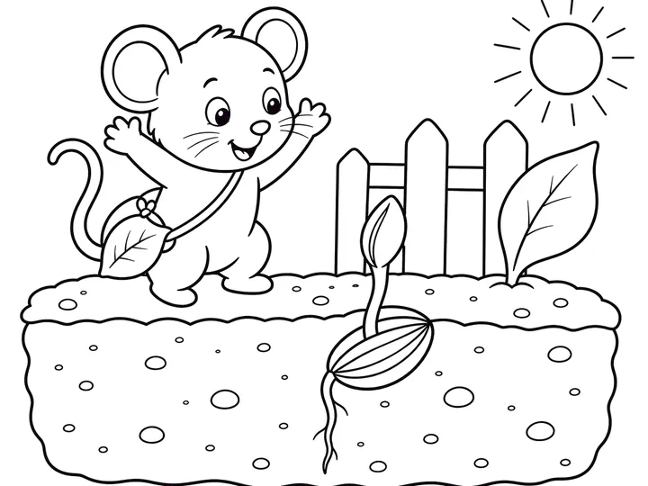 Pip beside a sunflower shoot emerging from soil, printable coloring page