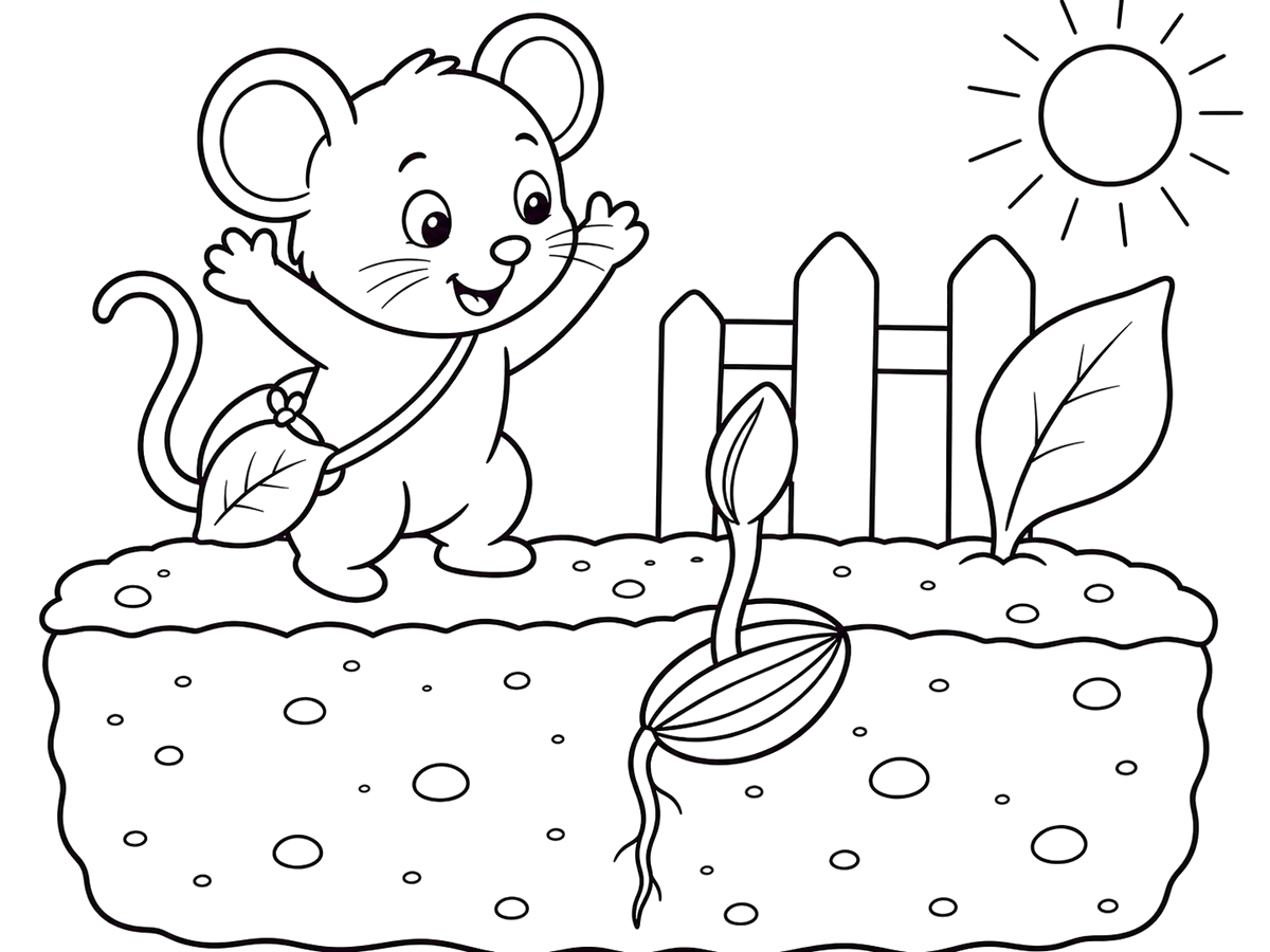 Pip beside a sunflower shoot emerging from soil, printable coloring page